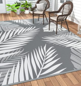GENIMO Outdoor Rug 5' x 8' Waterproof for Patios Clearance, Reversible Plastic Straw Camping Carpet, Large Area Rugs Mats for RV, Picnic, Backyard, Deck, Balcony, Porch, Beach, Grey&White