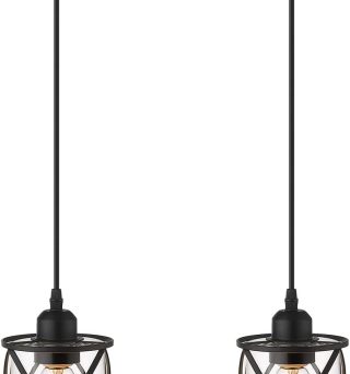 Glass Pendant Lights Kitchen Island 2 Pack, Black Mini Pendant Light with Clear Glass, Farmhouse Industrial Cage Hanging Lighting for Kitchen Sink Dining Room Bathroom, CH9176-1-2PK