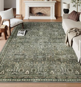 Lahome Green 8x10 Rugs for Living Room, Boho Washable Area Rugs for Bedroom, Rubber Backed Non Slip Floor Carpets for Dining Room Home Apartment, Dark Olive Green