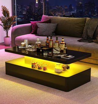 oneinmil Modern LED Coffee Table, 47" Living Room Tables with Double-Layer Design, 16 Colors LED Lights, Stylish Coffee Tables for Living Room, Home, Office, Black