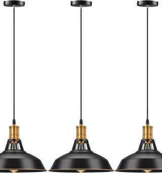 Pynsseu Farmhouse Style Industrial Pendant Light, Vintage Barn Hanging Pendant Lighting, Modern Pendant Lamp Fixture 3 Pack, Oil Rubbed Black Finish